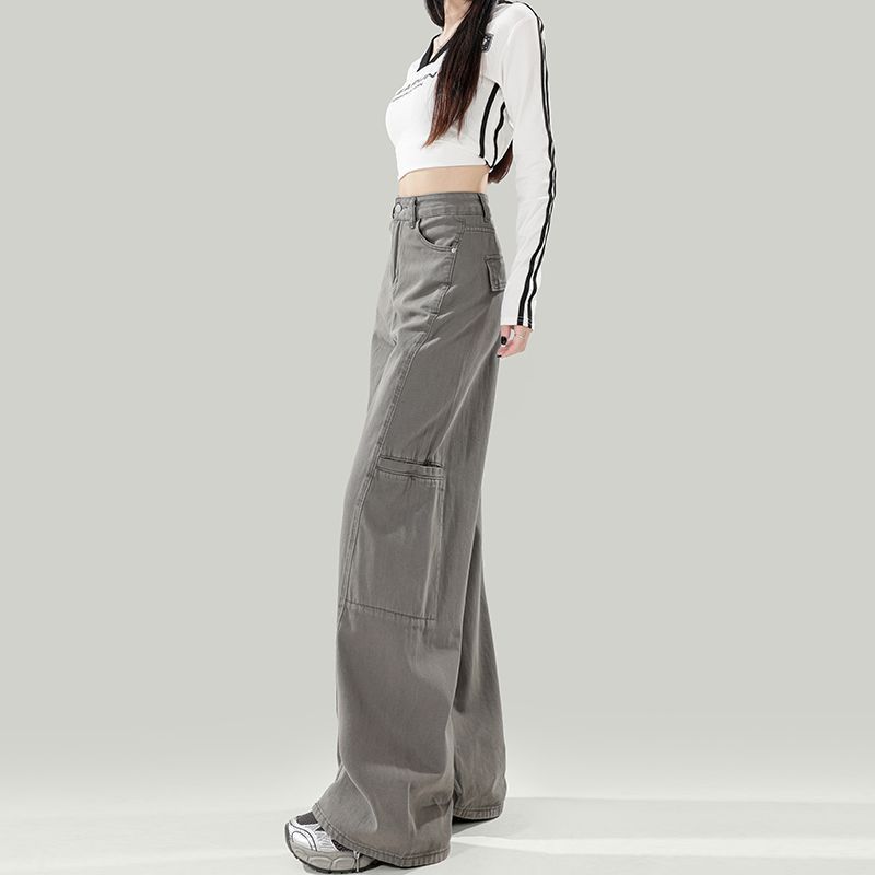 Spring Cement Gray Vintage High Waist Straight Wide Leg Cargo Denim Pants Women Casual Pants Oversize Denim Trousers