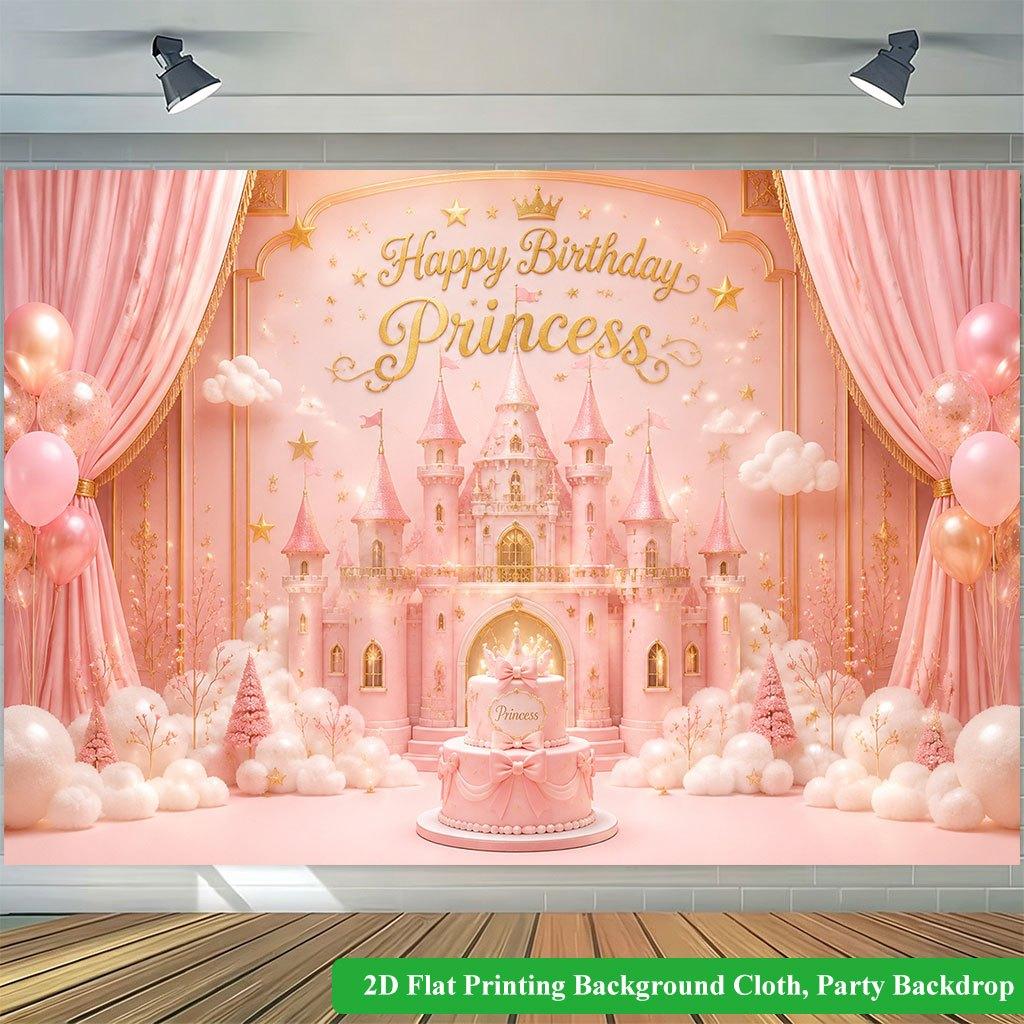 2D Flat Backdrop1pc Pink Theme Castle Cake Birthday Party Backdrop Banner Polyester Wall Decor For Living Room Bedroom Office Outdoor Decor