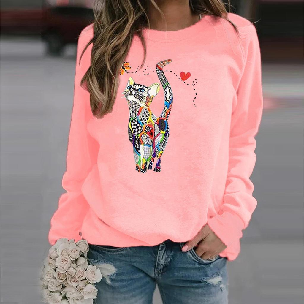 Women's Hooded Cat Print Sweatshirt Long Sleeve Top Women