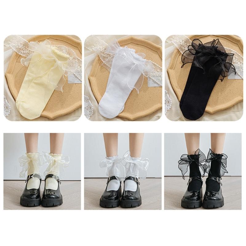 1 Par de Calcetines con Volantes para Mujer Calcetines Tobilleros con Encaje para Niña Calcetines Fruncidos con Lazos Calcetines de Algodón Calcetines de Vestir Estilo Princesa