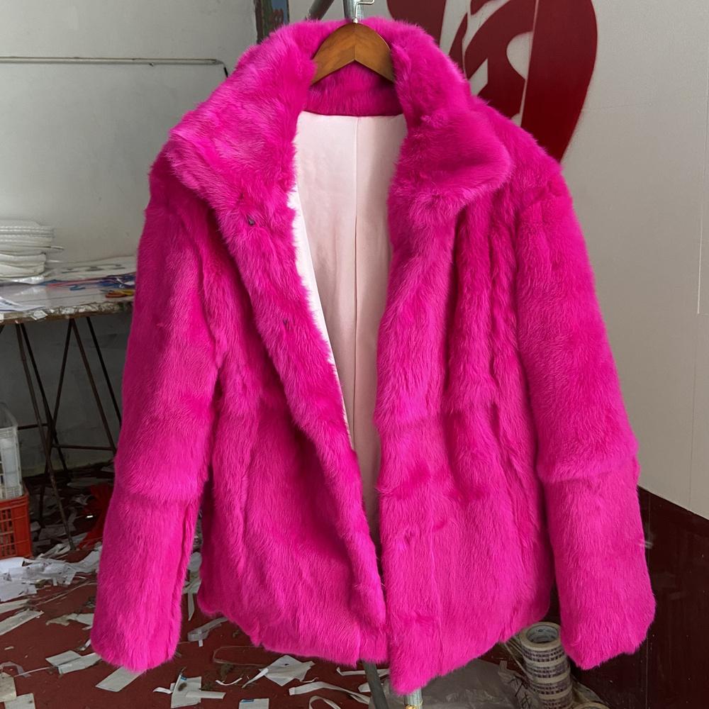 Real Rabbit Fur Coat Long Woman Winter Fashion Stand Collar Plus Size Luxury Warm Outwear Waisted Real Fur