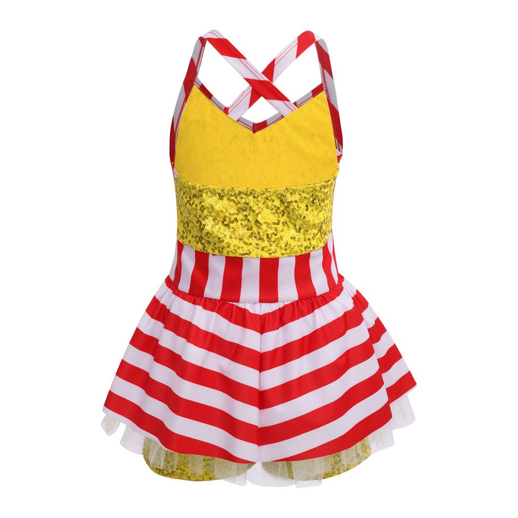 Mädchen Weihnachten Jumpsuit Überkreuzte Schulterträger Ärmellos Pailletten Gestreiftes Tanz-Unitard Gymnastik-Aufführungsbody