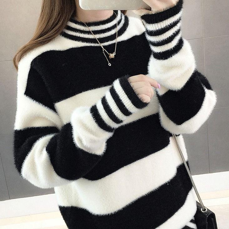 Autumn and Winter Imitation Mink Semi-turtleneck Velvet Thickened Warm Pullover Sweater Women's Loose Striped Bottoming Shirt