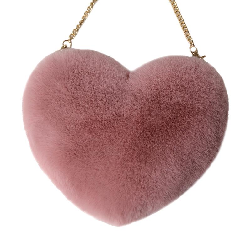 Cute Sweet Love Heart Shaped Women's Crossbody Bags Fashion Soft Plush Ladies One Shoulder Bag Comfortable Fluffy Solid Color Chain Female Handbags