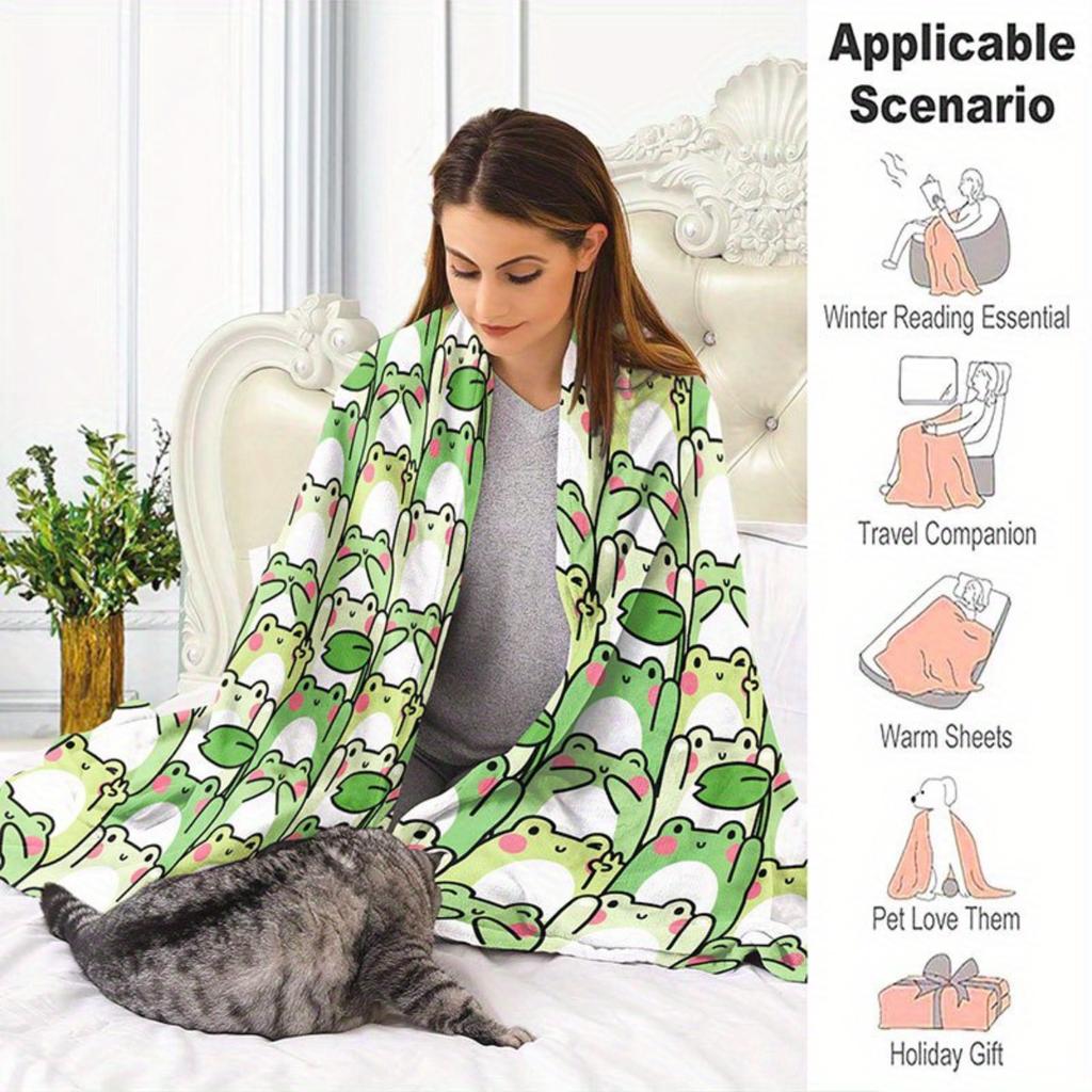 1 Cartoon Frog Print Flannel Blanket - Warm and Cozy, Perfect for Sofas, Offices, Beds, Camping, and Christmas.