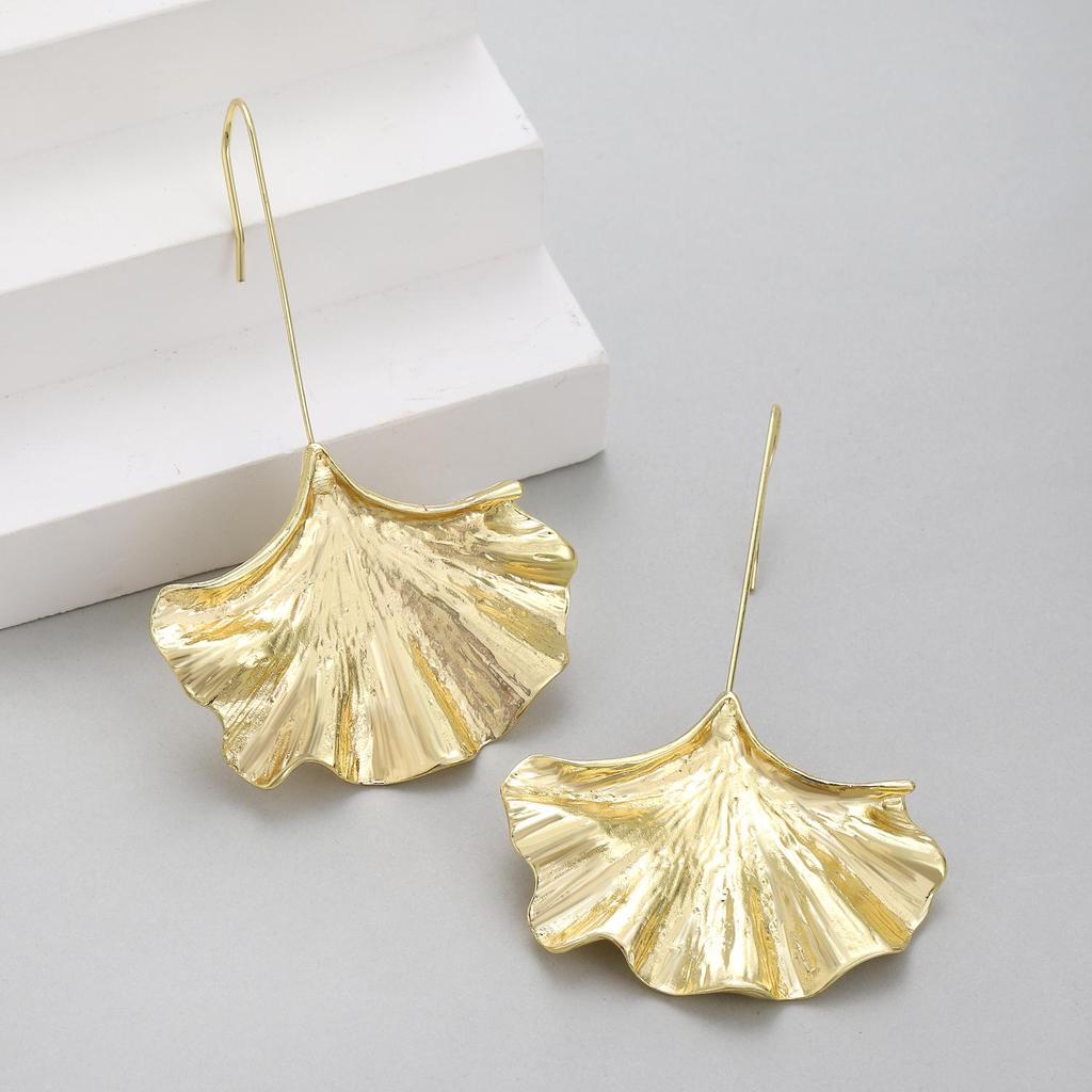 Ginkgo Leaf Textured Earrings with Ear Hooks - Bold and Fashionable for Women