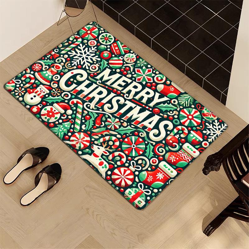 Flannel Thickness 0.47inch - 1pc Merry Christmas Cartoon Christmas Gift Doormat, Tree, Snowflake, Candy Print Absorbent Non-Slip