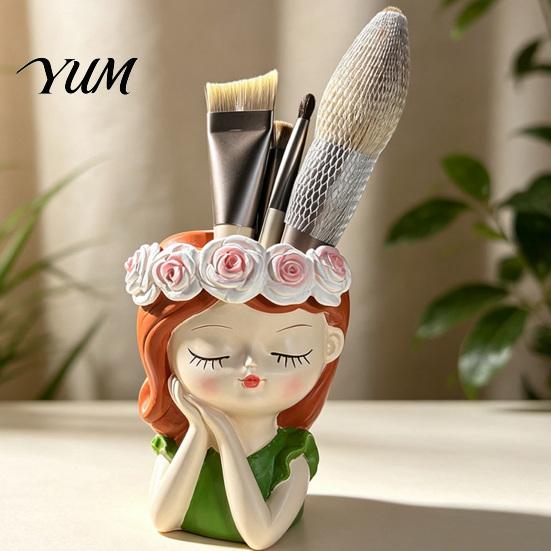 Resin Craft Decoration Cute Girl Planter, Head Planter with Rose Garland, Plant Container Decorative for Succulents Cactus Indoor Desk Decor Pot