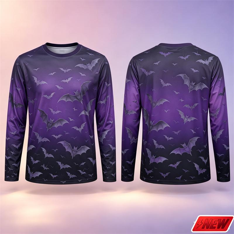 Gothic Bat Pattern Long Sleeve T Shirt Men Halloween 3D Print Gradient Horror Sky Flying Bat Tee Casual Quick Dry New Top Unisex