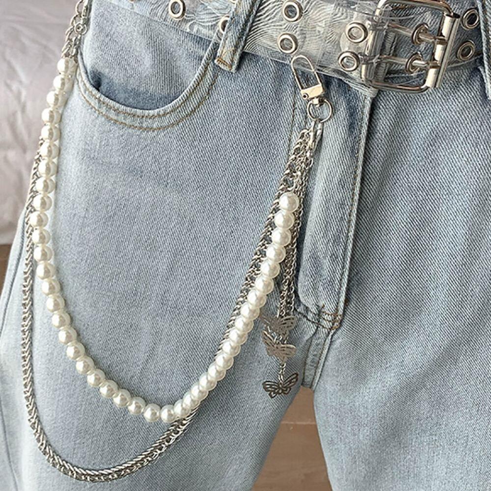 Hip Hop Style Butterfly Pendant Pants Chain Retro Style Multi Layer Pearls Jeans Chain Waist Chain Jewelry Metal
