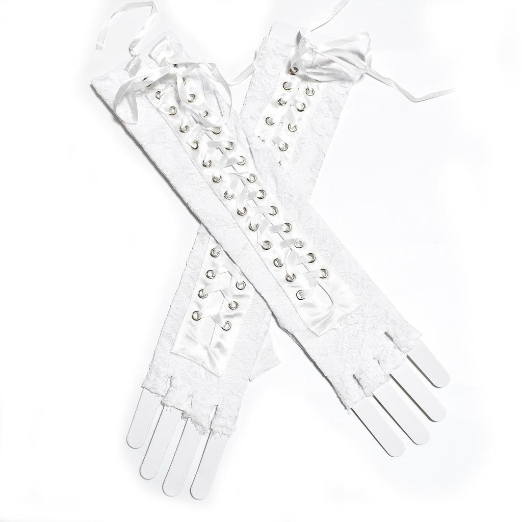 Black Lace-Up Fingerless Gloves - Retro Lolita Dark Punk Style Sleeves