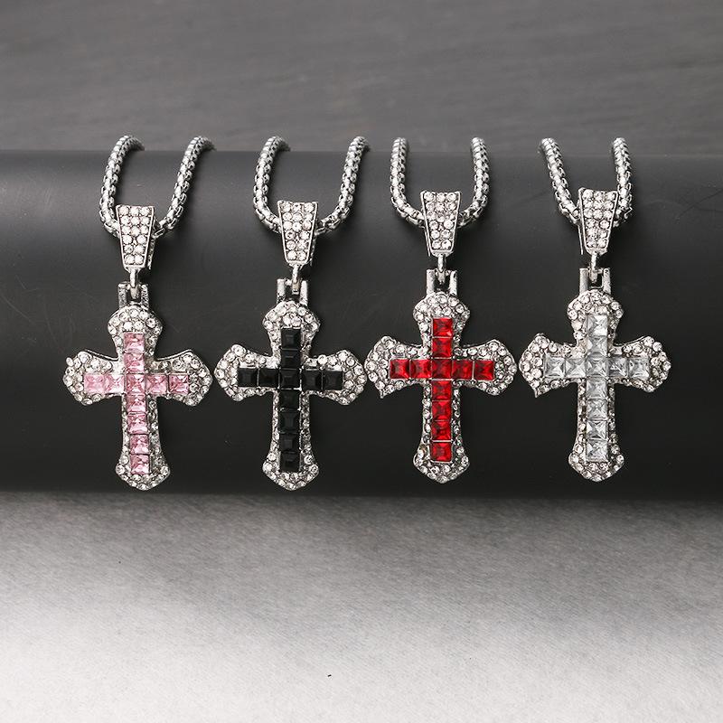 1Pc Fashionable European and American Full Diamond Cross Necklace New Zircon Pendant Hip Hop Trend Personality Versatile Sweater Chain Accessories