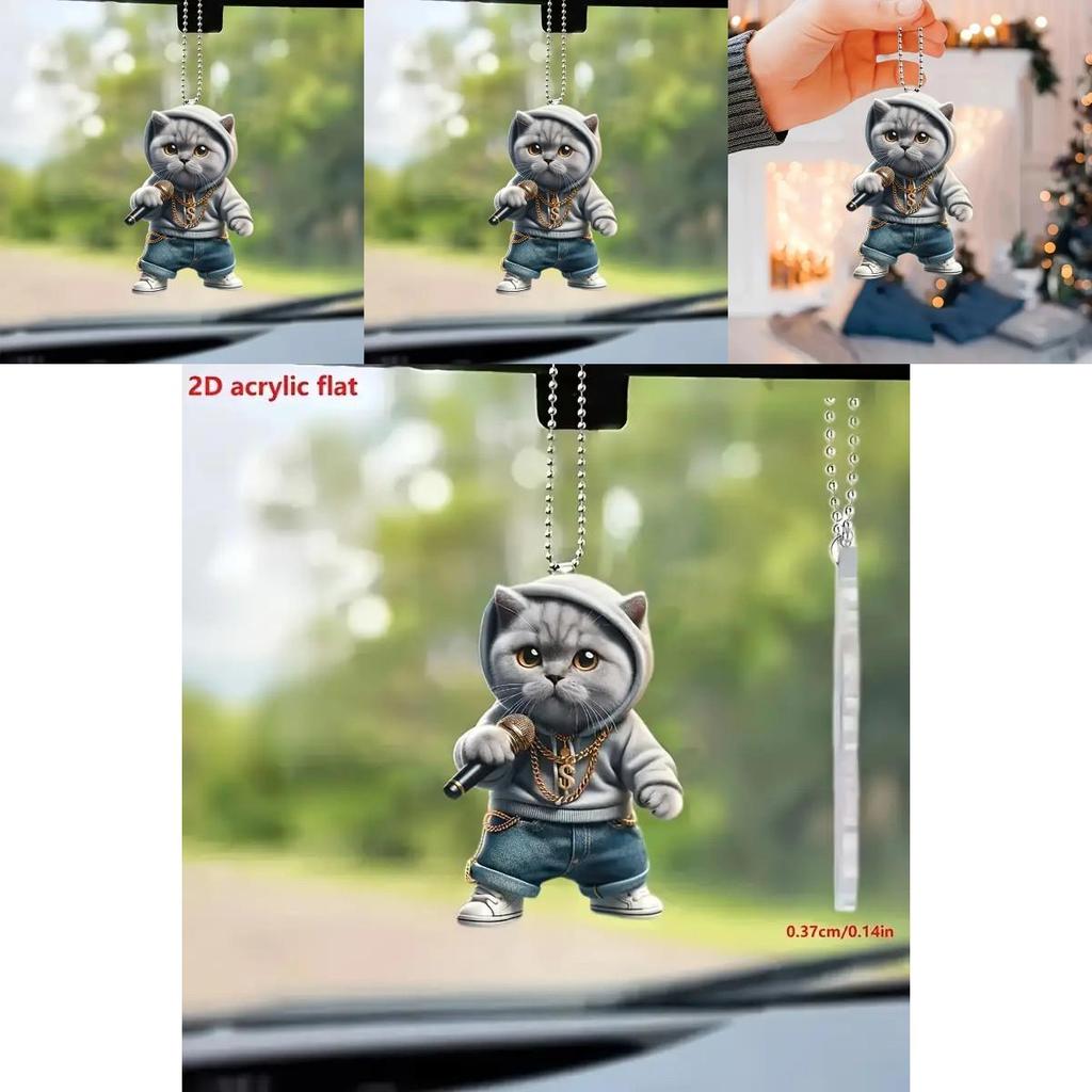 Cute Cartoon Grey Cat Pattern Acrylic Pendant For Vehicle Interior Decor