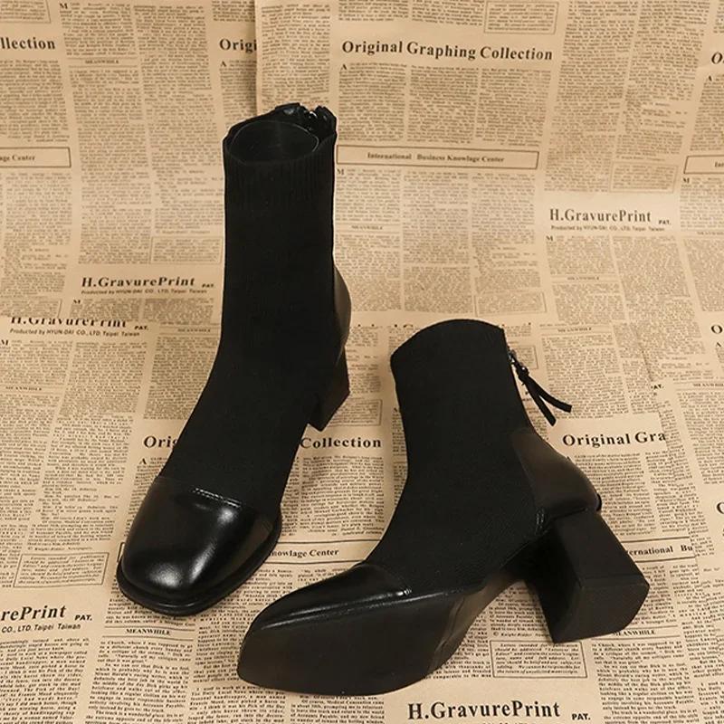 High Heels Ankle Boots Women Knitting Leather Shoes Fashion Square Toe Winter Shoes Woman 2024 Trend Pumps Chelsea Botas Mujer
