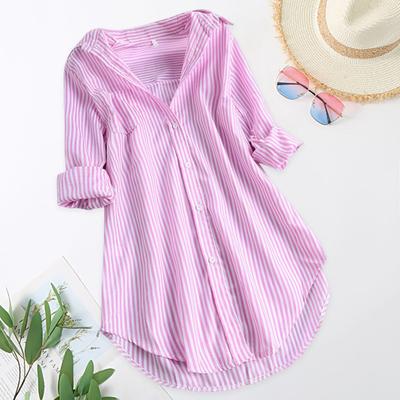 Kraag Grote maat Lange mouwen Knoop V-hals Gestreept Middellang Omgeslagen Losse pasvorm Casual Dames Blouse Top