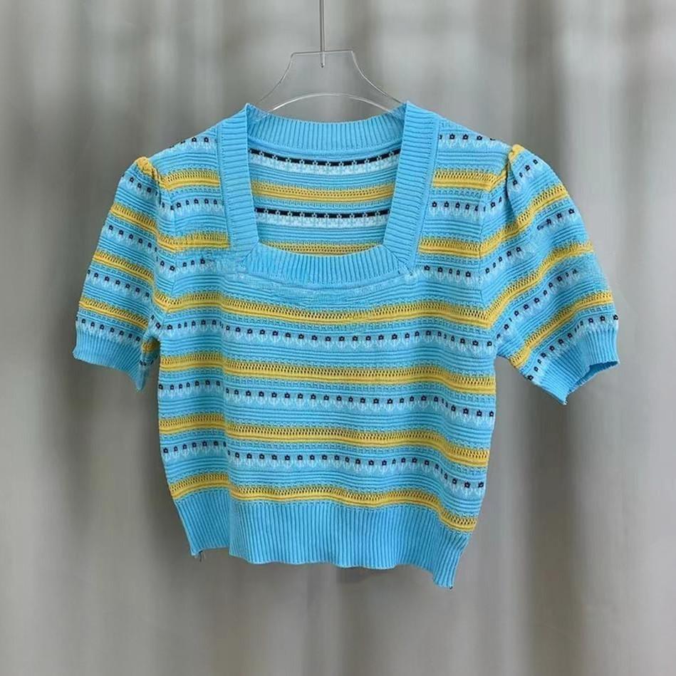 

Fashion Design Sense Sweet Square Neck Striped Knit Sweater Summer Waist Bubble Short-sleeved Tops Women Casual Essential Slim Fit Pullovers Tees One Size синій