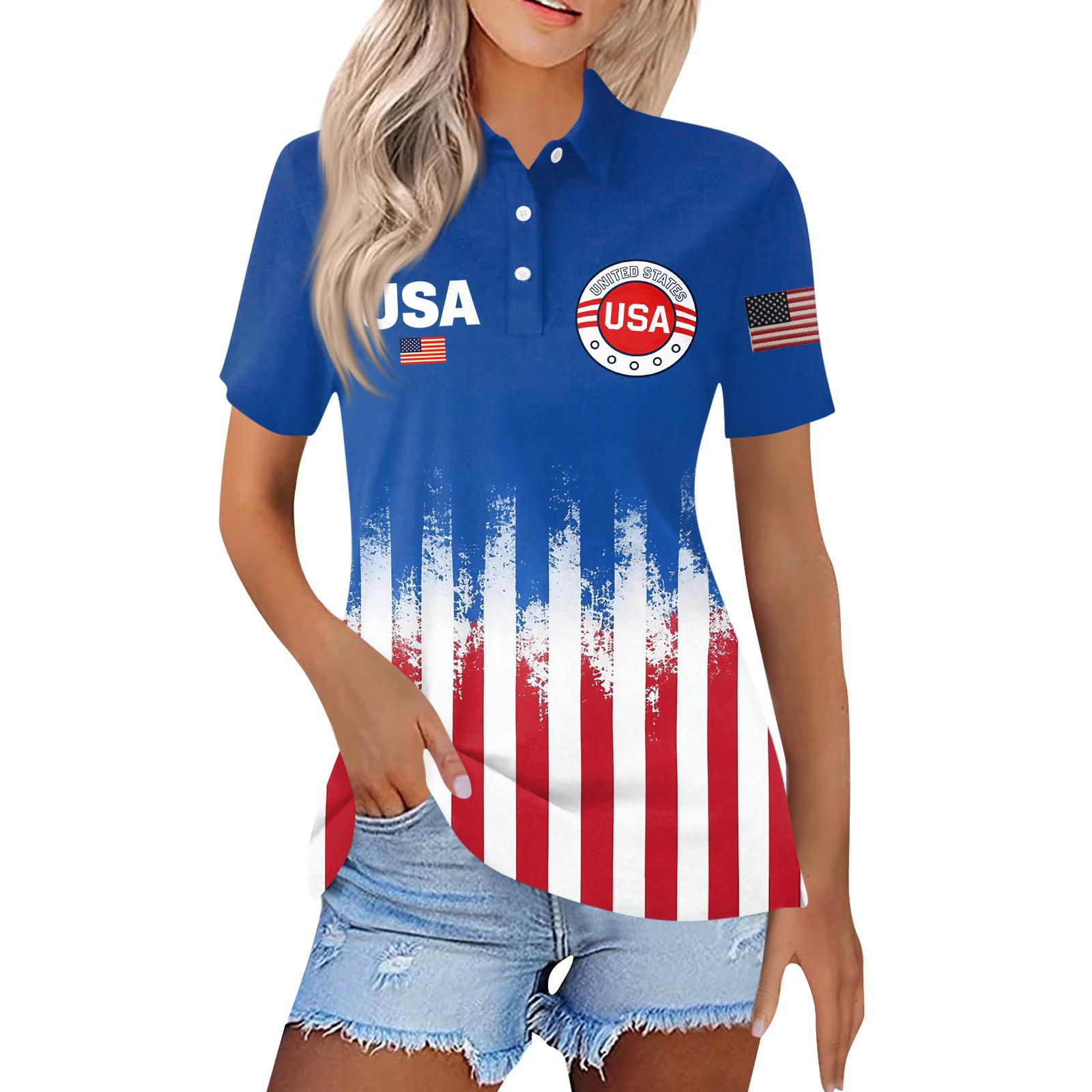 

Women s Short Sleeve Button Polo Shirt 250th Anniversary Independence Day Print Collared Casual Top with Flag Sleeve Detail XXXL білий