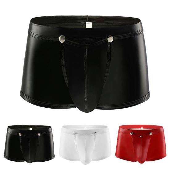 Men Sexy Boxers Smooth Faux Leather Button Closure U Convex Low Waist Elastic Soft Breathable Party Nightclub Underpants Male Underwear