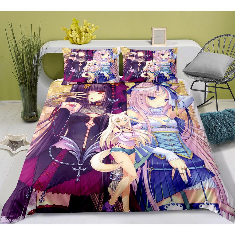 Cute Anime Cat Maid Pattern NEKOPARA 3pcs Bedding Set Game Printing Duvet Cover and Pillowcase Bedroom Decorate for Otaku Teens