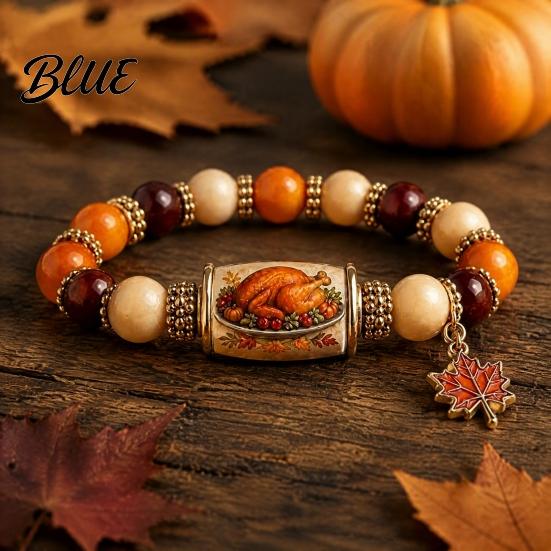 Thanksgiving Beaded Bracelet for Women Holiday with Greeting Card Gift Maple Leaf Charm Elastic Stretch Fall Harvest Jewelry Theme Women