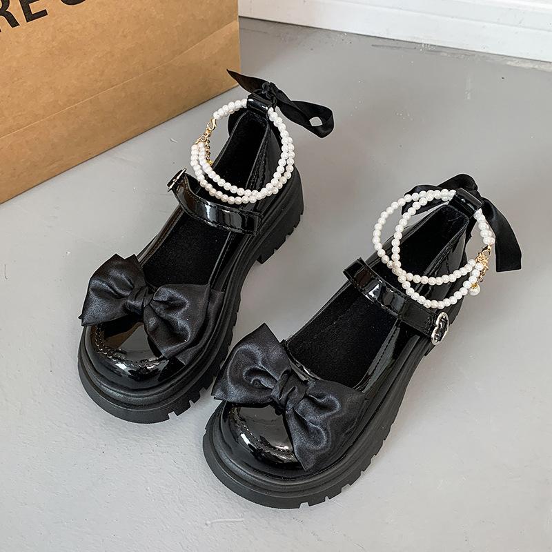 

British style high heels thick heel Mary Jane shoes women s 2025 spring new beaded bow small leather shoes single shoes 40 чёрный