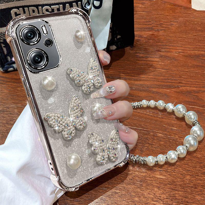 

Realme14 5G Pearl Butterfly Bracelet Shockproof Plating Case For OPPO Reno 12F 13F 12 Pro A16 A5 A9 A53 2020 A54S A53S A76 Cover Realme 14
