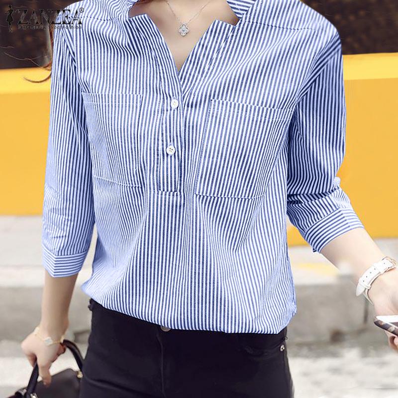 

ZANZEA Женская летняя повседневная блузка с V-образным вырезом 3/4 рукава в полоску