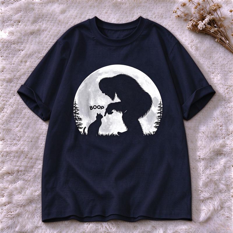 Moon Silhouette Bigfoot Cat Graphic Tee Casual Short Sleeve O Neck Top Funny Boop Letter Print Street Style Unisex T Shirt Top