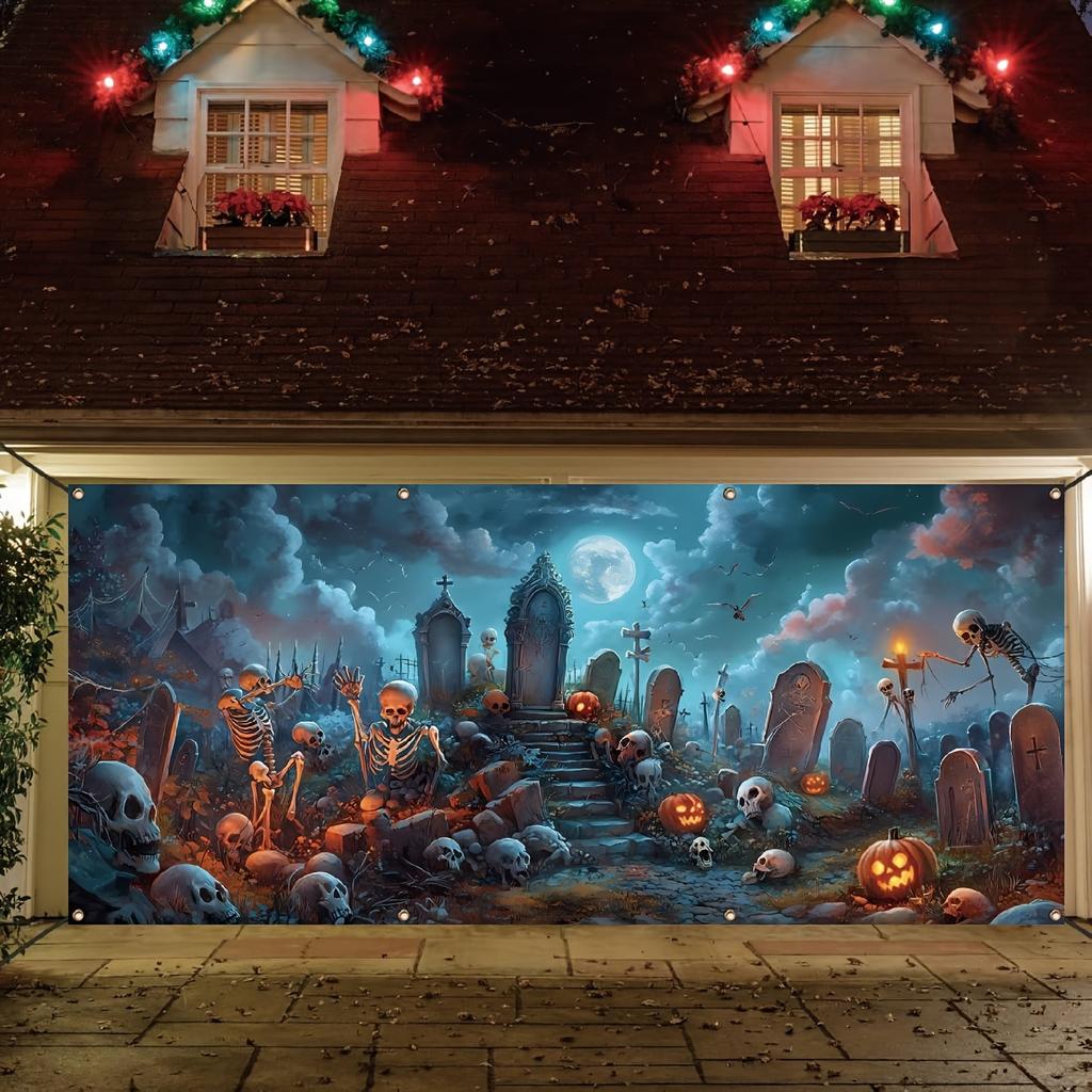 A Halloween Garage Polyester Banner a Creepy Cemetery with Skulls and Tombstones and an Outdoor Party Backdrop