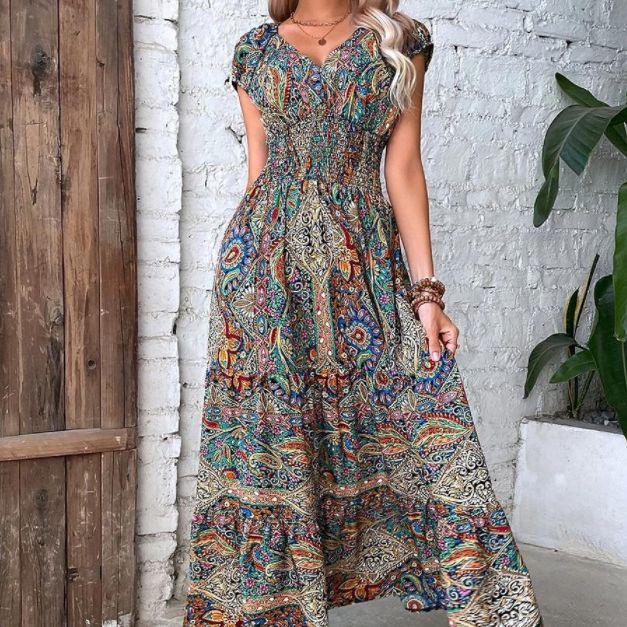 Floral Print V-Neck Short Sleeve Midi Dress with Elastic Waist, Bohemian Summer Dress for Women