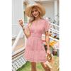 Female V-neck Hollow Lace Pleated Short Sleeved Dress