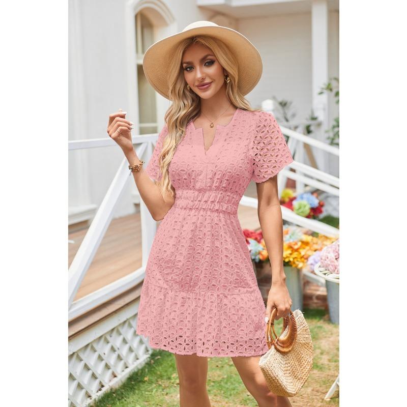 Female V-neck Hollow Lace Pleated Short Sleeved Dress