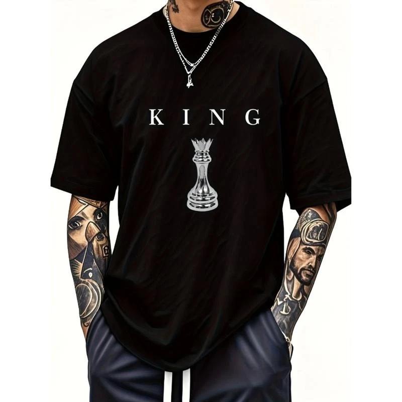 THE KING Men s 180GSM Cotton T-Shirt - Black Chess King Graphic Print, Casual XS