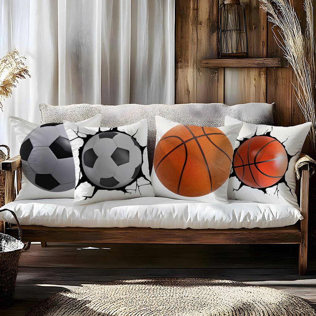 Soccer & Basketball Throw Pillow Covers, Cracked Wall Ball Print Cushion Cases, Sporty Fan Home Decor For Bedroom Living Room