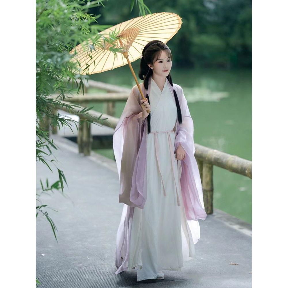 Lila Hanfu für Damen, Chinesischer Wei Jin Dynastie Stil Großärmeliges Hemd Kreuzkragen Set für Damen