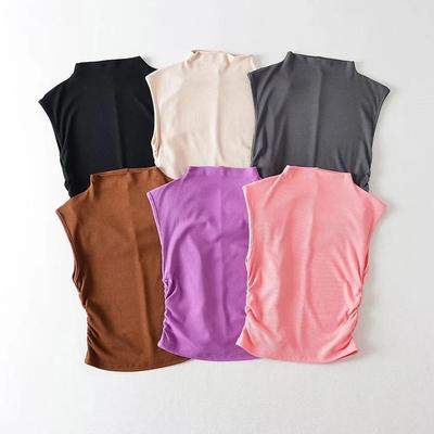 European & American INS Summer Ruched Tank: Semi-High Neck, Slim Fit, Stretchy, Solid Color, Sleeveless, Trendy Women's Top