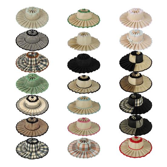 Women Straw Hat Plaid Print Summer Foldable Hat Wide Brim UV Protection Lightweight Breathable Beach Sun Hat