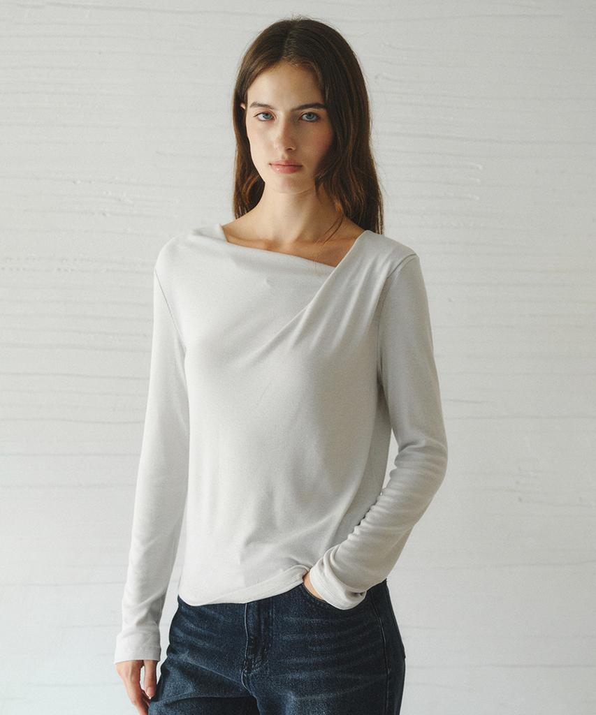 LENINA Roel Drape Neck T-Shirt_Light Gray