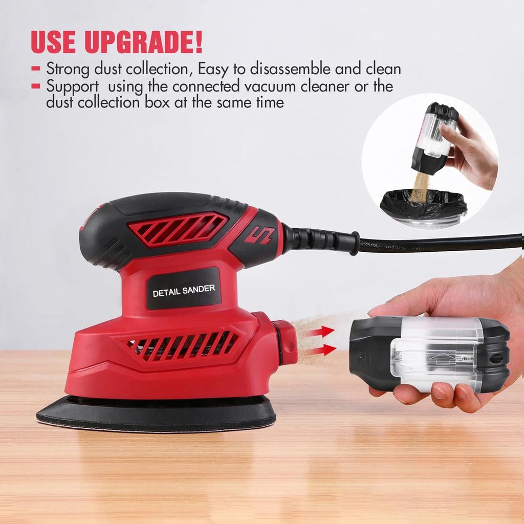 Detail Sander 14000RPM Compact Electric Sander 20Pcs Sandpapers Dust Collection Port Connected with the Vacuum Cleaner