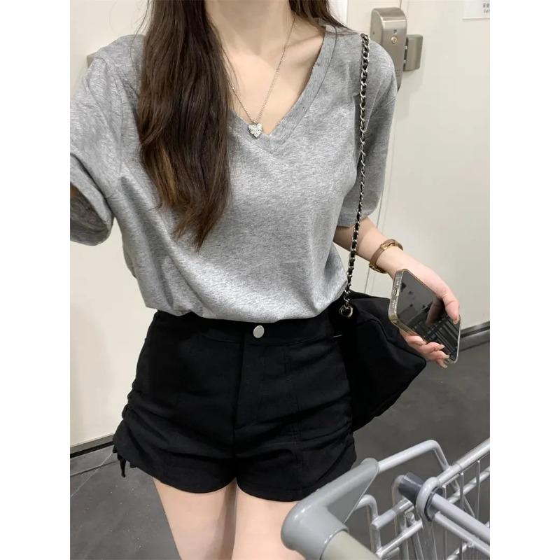 Pure Cotton V-neck Short-sleeved T-shirt for Women in Summer New Niche Korean Version Loose Slimming Versatile Top