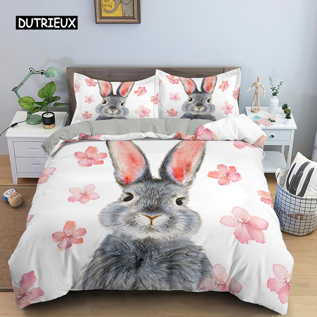Niedliches Bettwäscheset mit Cartoon-Motiv, Hund/Kaninchen, nordisch, Kingsize, Einzelbett, Zwilling, 90/135/150, Bettbezug 240×220, Bettbezug für Mädchen, Jungen, Kinder, Teenager, Geschenk