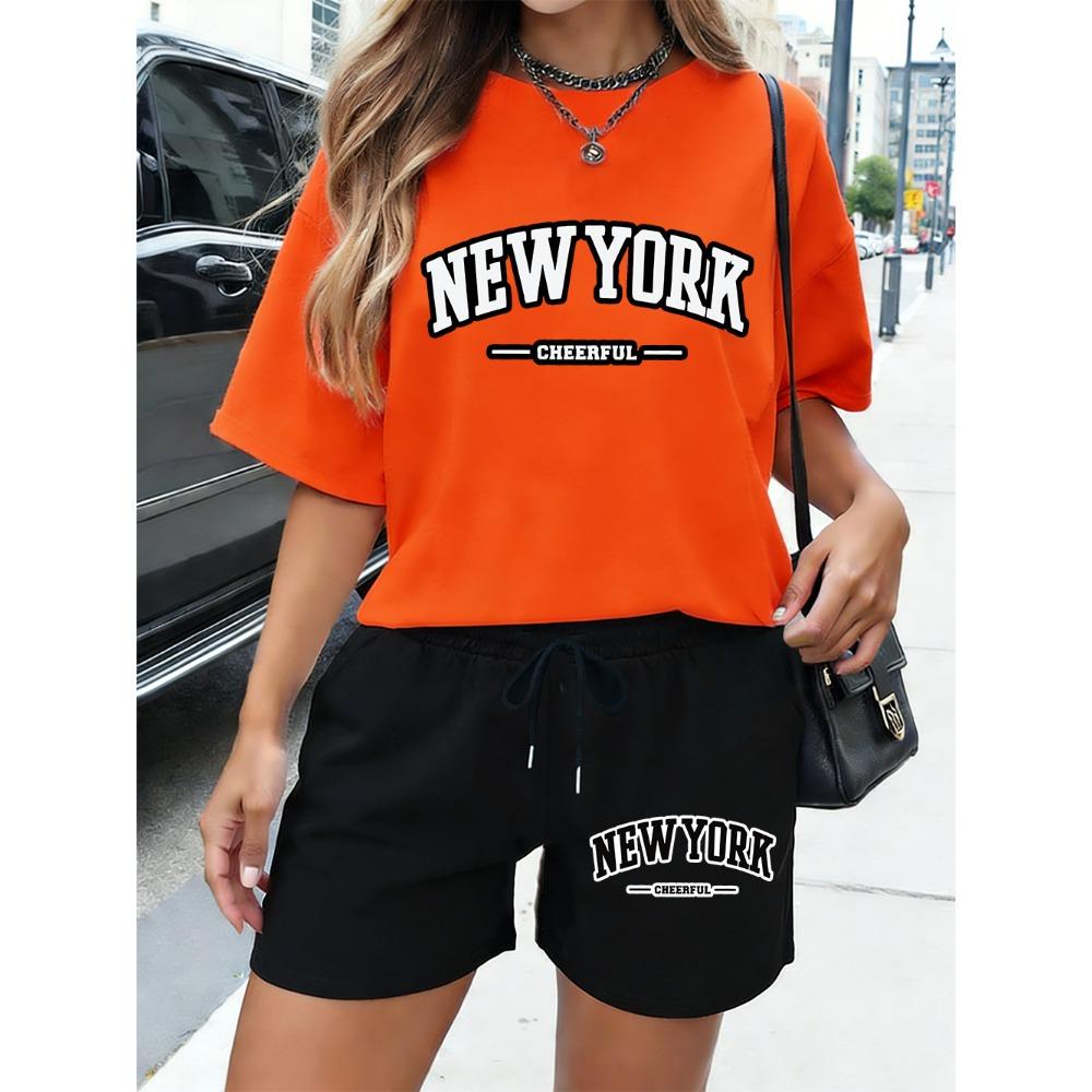 New York Cheerful Letter Print  Shorts Womens Basic Two Pieces Set T-Shirt Pants Summer High Waisted Oversize Clothes
