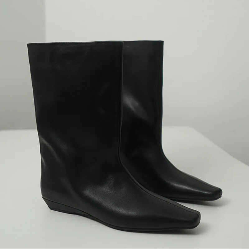 Cowhide Version~ Niche New Retro Short Boots, Wedge Heel Medium Tube, Loose Sleeve, Knight Boots, Chimney Leather, Versatile Medium
