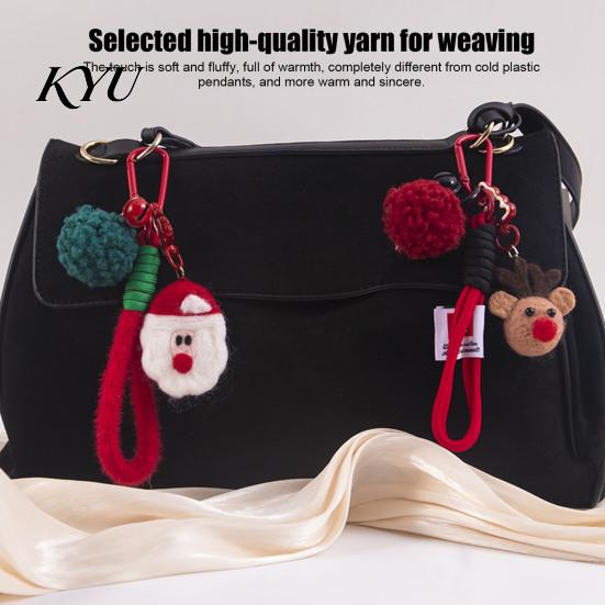 Knitted Holiday Embellishments Christmas Santa Claus Bag Charm, Crochet Keychain Pendant with Festive Charms Faux Leather Star, Xmas Hanging Decor for