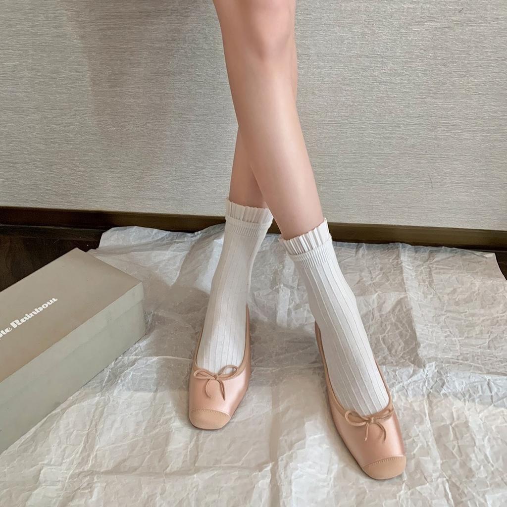 Pigskin Version, French Bow Medium Heel Flat Bottom Shallow Mouth Single Shoes Women's Ballet Shoes