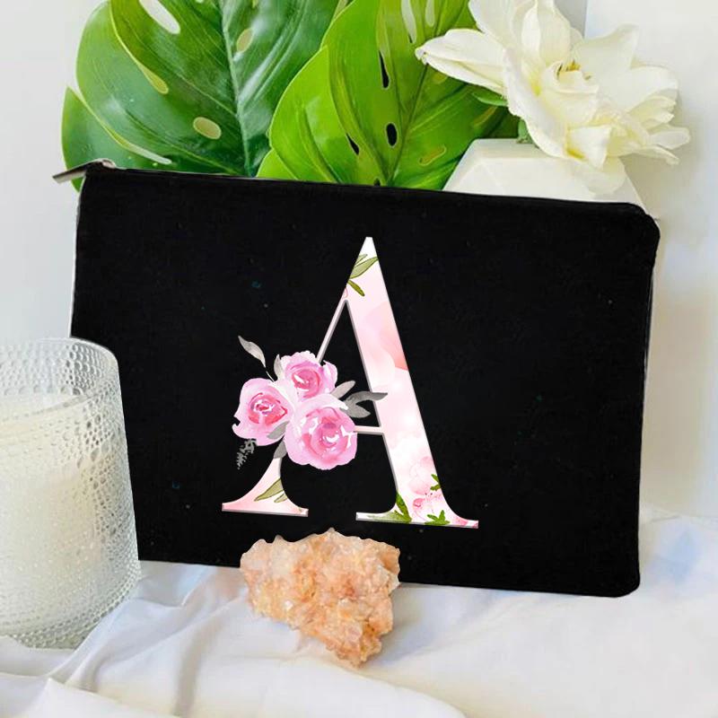 Damen Tasche Make-up Tasche Brautjungfer Make-up Taschen Blumen Alphabet Druck Leinen Reißverschluss Tasche Reise Organizer Etui Mujer Bolsas Kosmetik