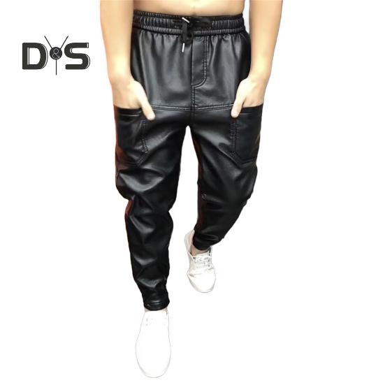 

Мужские брюки из искусственной кожи с карманами, эластичная талия, однотонные, большого размера, водонепроницаемые, с резинкой на щиколотке, в стиле мотоциклетного клуба, весна-осень XXL чёрный