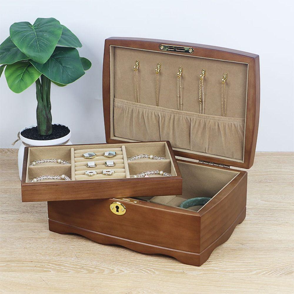 Luxury Jewelry Box with Lock Wooden Treasure Chest Case Vintage Trinket Storage Box  Decoration