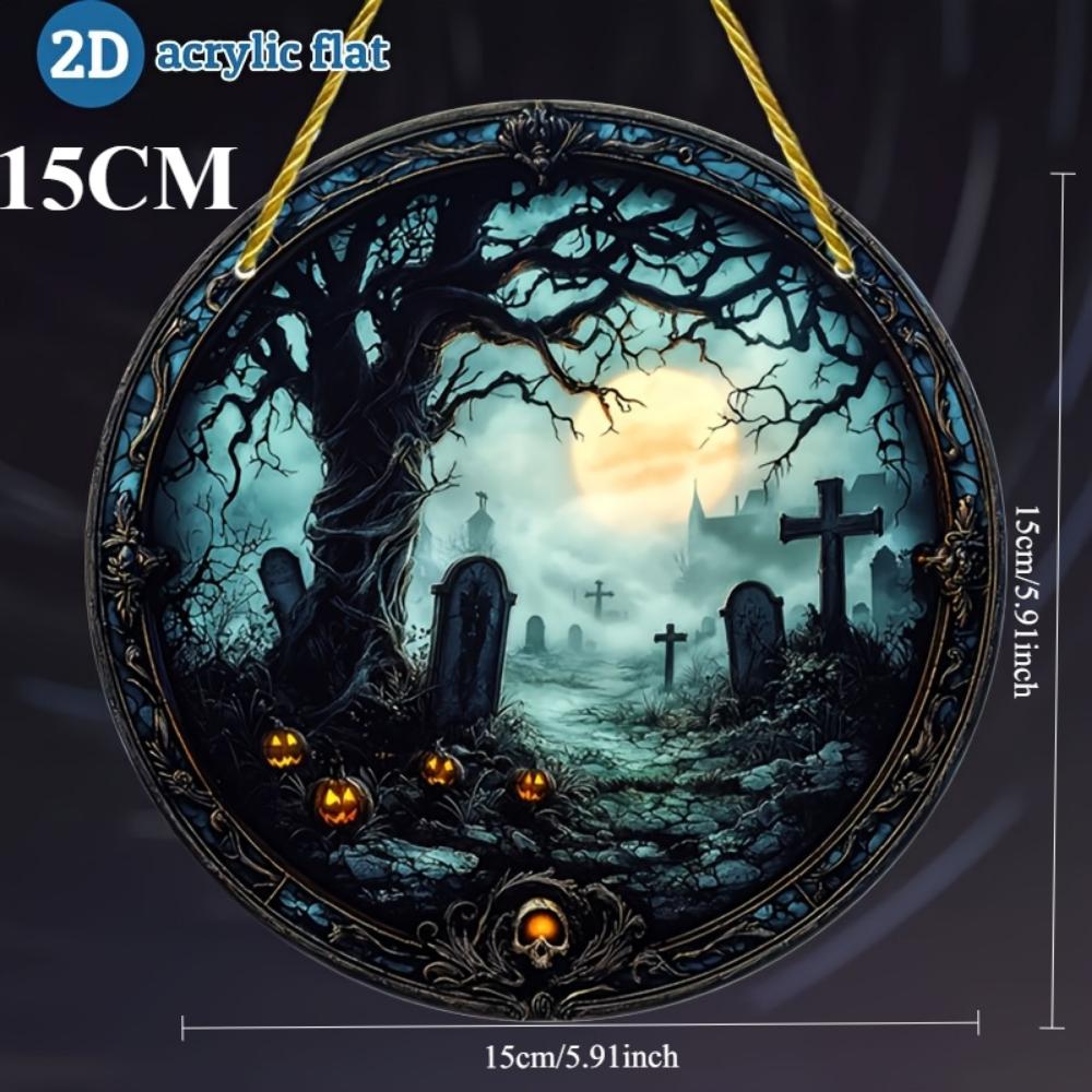 

2D Плоские Ужасы Хэллоуин Кладбище подвесные украшения, черепа, тыквы и дизайны дома с привидениями, для окон, стен, классных комнат, садовых украшений 15cm