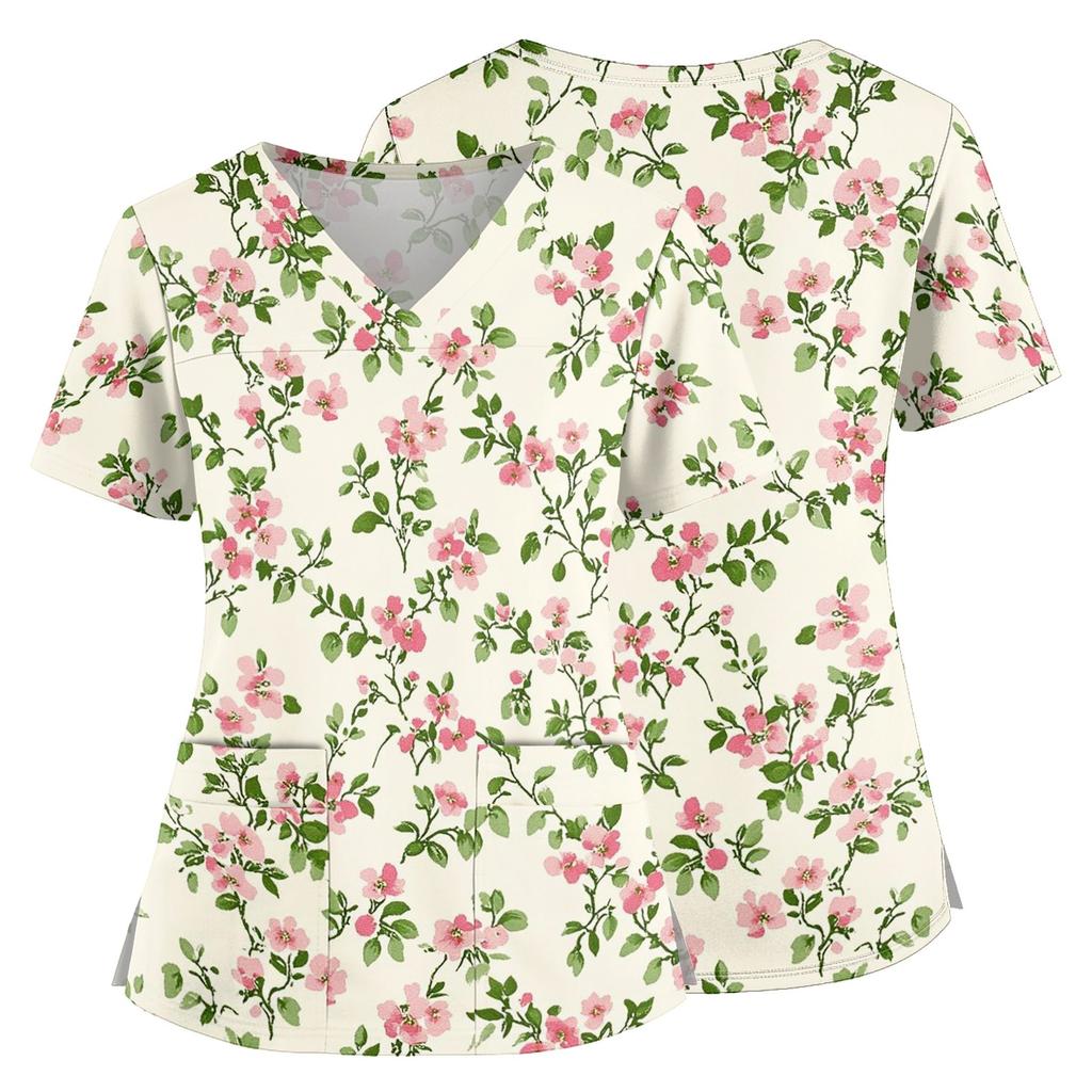 Top Medico a V con Stampa Floreale, Tasche, Spacchi Laterali, Manica Corta, Uniforme da Infermiera per Donna